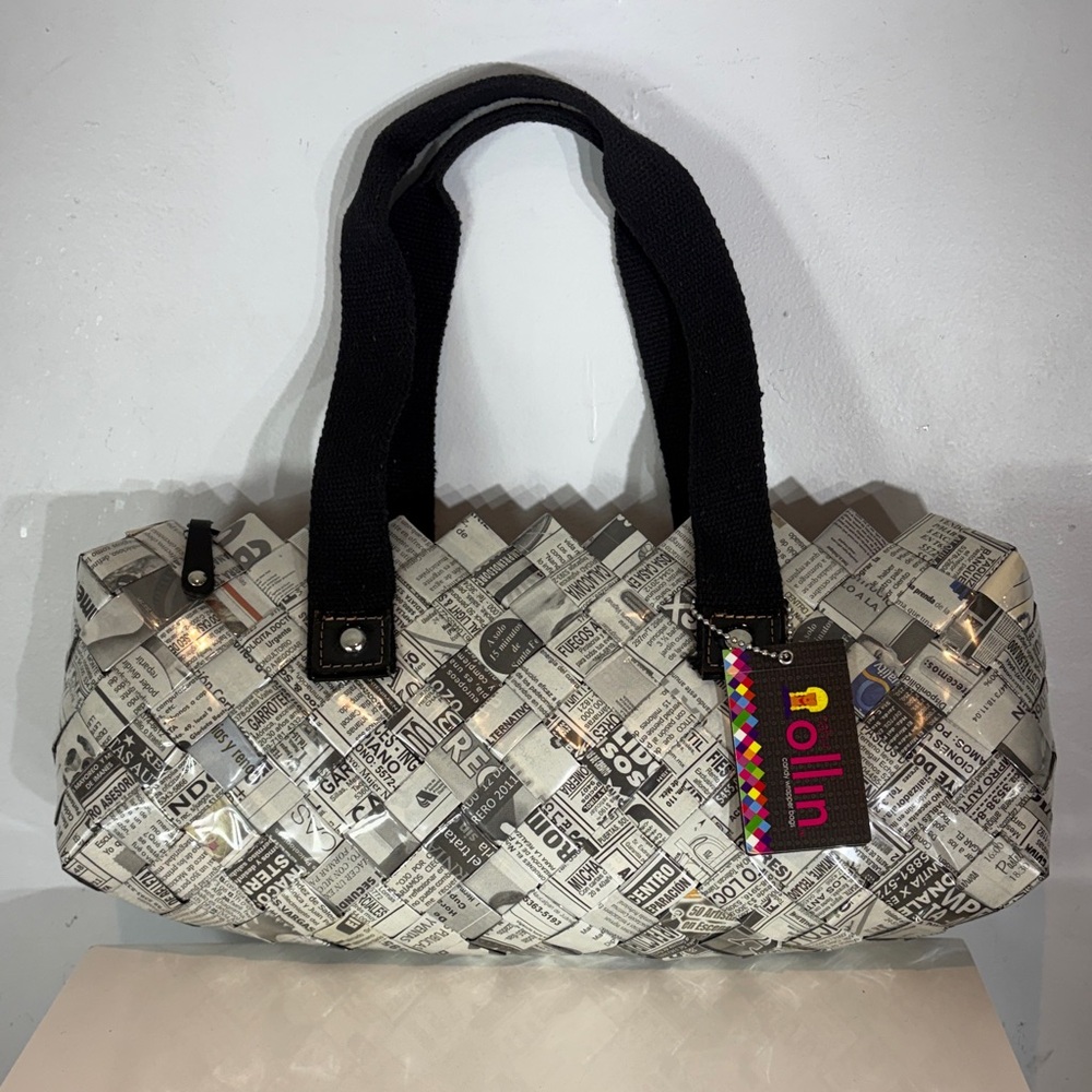 NWT Nahui Ollin Woven Newspaper Print Satchel Bag Eco Recycled Handbag